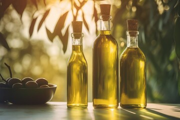 Olive oil bottles with olives leaves with sunny background 