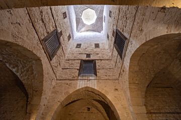 Architecture details of the mosque in Citadel of Qaitbay building ancient fort at Mediterranean sea...