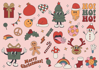 Groovy christmas set, collection of trendy retro hippie stickers. Santa Claus, Christmas tree, gifts, rainbow, peace, holly jolly vibes, gifts, ho ho ho, gingerbread in trendy retro cartoon style