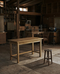 オーク材の木製デスク　家具　無垢材　木工