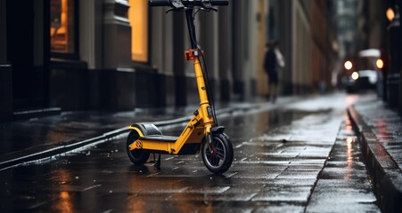 An electric scooter stands on the street