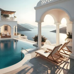 Deck chairs on terrace with pool with stunning sea view. Traditional mediterranean white architecture with arch.