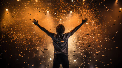 Back view of a man raising his hands in the air, confetti flying all over the ring - obrazy, fototapety, plakaty