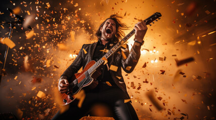 A rock star plays the guitar and screams at a concert. Confetti flies everywhere.