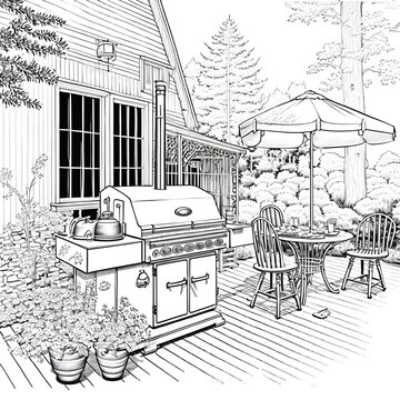 coloring book page black and white backyard grill line art 