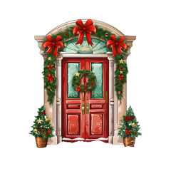 Fototapeta na wymiar Christmas door. watercolor illustration. winter clipart