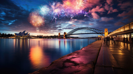 Colorful fireworks over a bridge in Australia - obrazy, fototapety, plakaty
