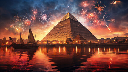 New Year's Eve fireworks over a pyramid - obrazy, fototapety, plakaty