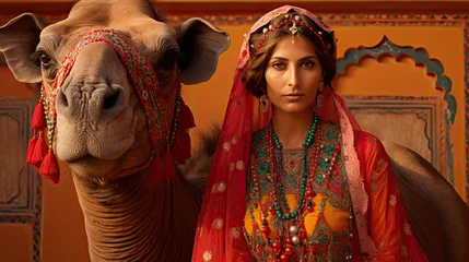 Foto auf Leinwand An Indian woman in traditional clothes with a camel © jr-art