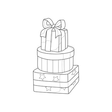 Three holiday boxes with gifts. Black and white image. Coloring.