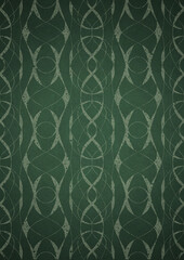 Hand-drawn unique abstract symmetrical seamless ornament. Bright green on a deep warm green with vignette of a darker background color. Paper texture. Digital artwork, A4. (pattern: p10-3e)