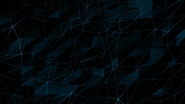 Royal blue flashing lines and dots with multiple polygon shape on black background, dark futuristic 3d technology background
