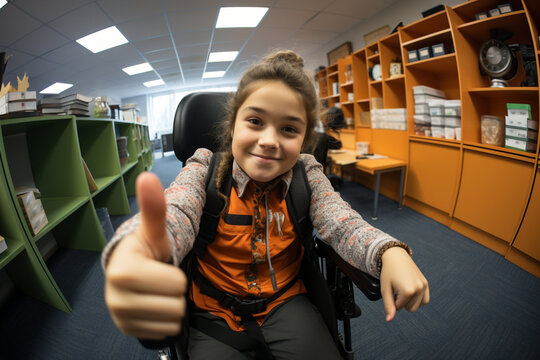 Portrait of young disabled girl in wheelchair smiling showing thumb up in library class room. Lifestyle of special child, life in the education school age happy disability kid concept.