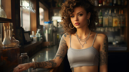 Brave and independent beautiful young female bartender with tattoos at the bar