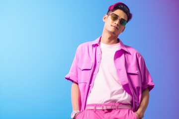 Gen-z handsome asian fashionable male, wearing neon stylish clothes, happy, smiling, retro style in the style of Vaporwave fashion - Powered by Adobe