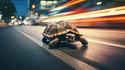 Side view of Turtle running extremely fast on busy city street at night showing a speed concept - obrazy, fototapety, plakaty