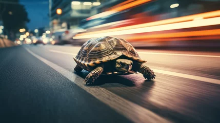 Fotobehang Side view of Turtle running extremely fast on busy city street at night showing a speed concept © Keitma