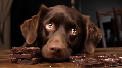 Dog suffering from nausea, sitting near a partially eaten chocolate. Toxicity and potential danger of feeding dogs with human sweets, particularly chocolate, which is harmful to their health.