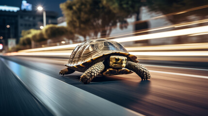 Side view of Turtle running extremely fast on busy city street at night showing a speed concept - obrazy, fototapety, plakaty