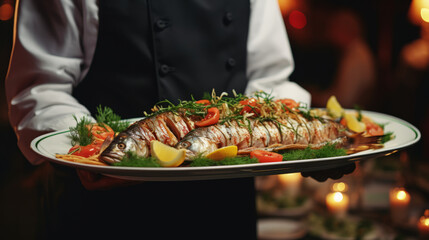 Waiter carrying plates with fish dish on some festive event, party or wedding reception restaurant - obrazy, fototapety, plakaty