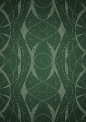 Hand-drawn unique abstract symmetrical seamless ornament. Bright green on a deep warm green with vignette of a darker background color. Paper texture. Digital artwork, A4. (pattern: p10-4d)