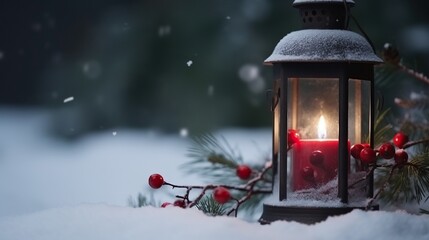 Christmas lantern on snow with holy berries.