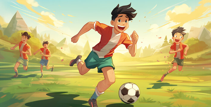 soccer player with ball on the field, soccer player with ball, cartoon asian teen playing soccer several play. Generative Ai content