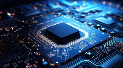 closeup on an advanced GPU ram microchip or cpu of a powerful computer board for artificial intelligence technology as wide banner design with copy space