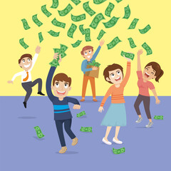 Happy business people standing under falling banknotes, sticker, illustration, vector, cartoon, EPS 10.