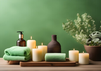 Obraz na płótnie Canvas Empty light spa table on green wall background. Table with spa accessories. Massage oil, body sponge, towel, scented candles. Generative AI