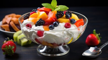 Colorful fruit salad in a glass bowl with different sliced fruits an whipped cream yogurt in a nice setup environment