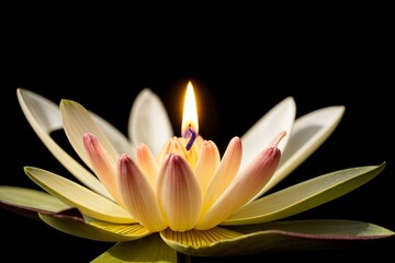 lotus flower candle isolated on black background - farewell memorial and grief concept