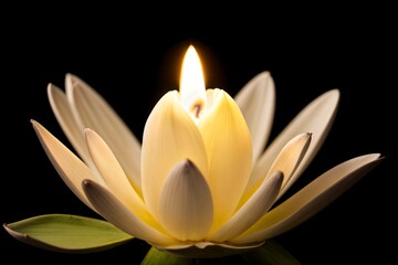 water lily flower candle isolated on black background - grief and rest in peace concept
