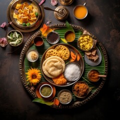 Top view of a fresh, delicious, wholesome and nutritious India breakfast meal composition, beautifully decorated, food photography
