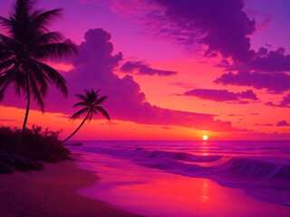 Sunset on the beach, waves gently lapping the shore, palm trees swaying in the breeze, and a colorful sky painted with shades of orange, pink, and purple