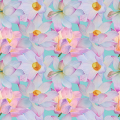 Seamless pattern of Lotus flowers painted in watercolor. Hand drawn on textured paper. Suitable for creating your ideas: print, poster, wallpaper, backgrounds and cards.