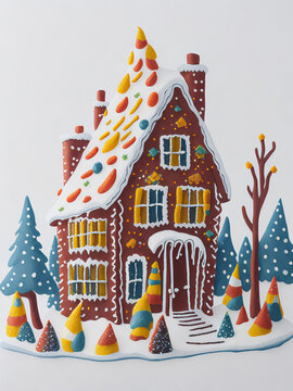 Gingerbread House with Candy Corn Fence, colorful icing, gumdrops, candy canes, warm and cozy glow, surrounded by a winter wonderland with snow-covered trees, Illustration, watercolor painting