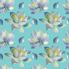 Seamless pattern of Lotus flowers painted in watercolor. Hand drawn on textured paper. Suitable for creating your ideas: print, poster, wallpaper, backgrounds and cards.