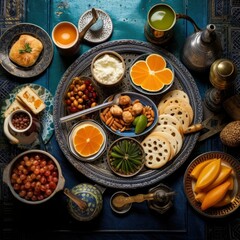 Top view of a fresh, delicious, wholesome and nutritious Morocco breakfast meal composition, beautifully decorated, food photography