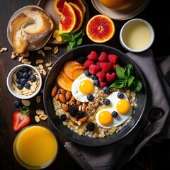 Obraz na płótnie Canvas Top view of a fresh, delicious, wholesome and nutritious breakfast meal composition, beautifully decorated, food photography