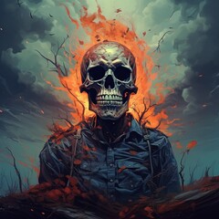 Photo of a man with a burning skull for a head