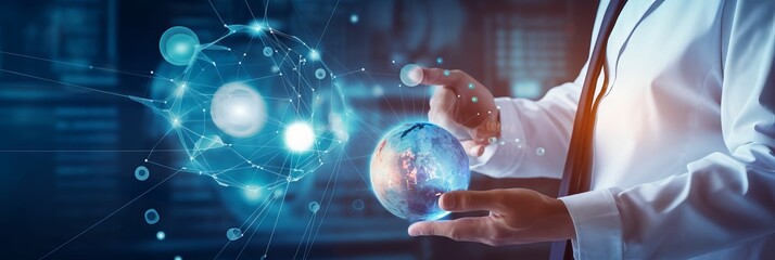 Photo of a man holding a glass globe in a white shirt