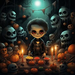 halloween boy sitting in front of a table with lit candles