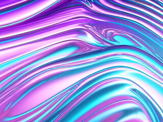 Holographic chrome gradient waves abstract background. Liquid surface, ripples, reflections. 3d render 