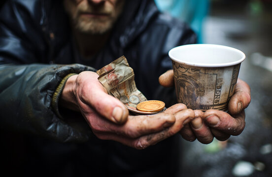 Homeless man drug addict and alcoholic depressed begging for help and money. Close-up hands with coins and paper cup. Social economic problems of big modern cities.