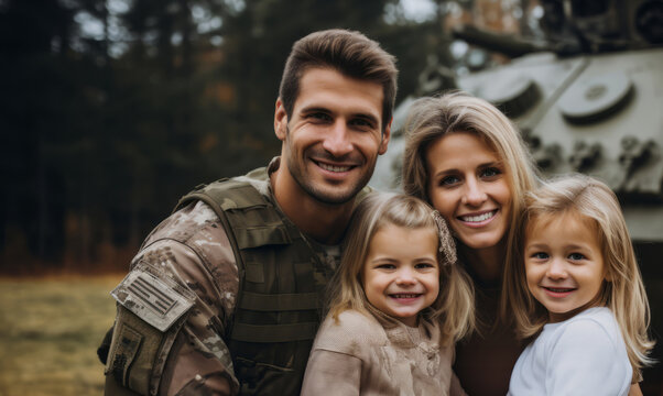 Portrait of soldier with happy family. Veteran homecoming concept.