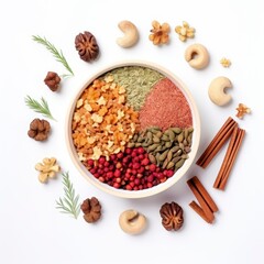 Top view on a bowl with different nuts, beautifully decorated, food photography