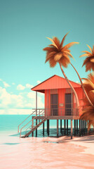 Obraz premium beach hut,Tropical Tranquility: A Stilt House Amidst Palm Paradise,beach with palm trees,beach