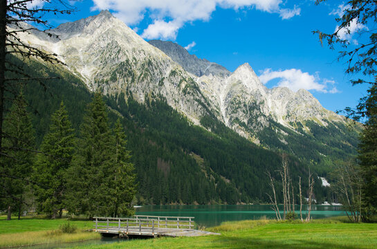 Peaceful view of The Antholzer See (Italian: Lago di Anterselva) a beautiful lake in South Tyrol, Italy