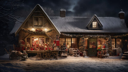 Fototapeta na wymiar Christmas cottage at night with festive lights